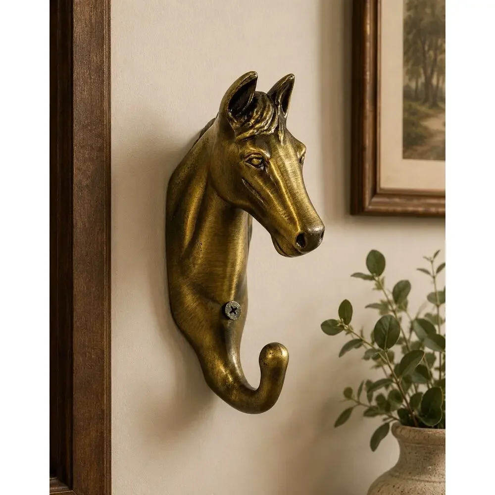 Sarsaparilla Designs Horse Head Wall Hook Antique Brass Cast Metal 7” Equestrian